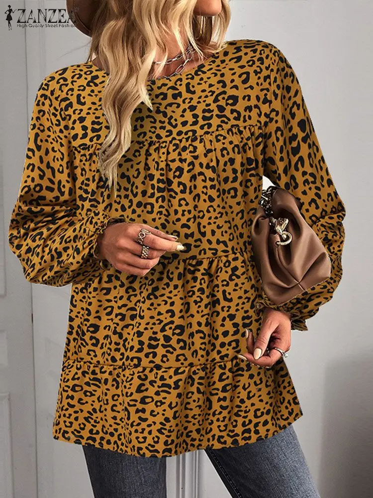 

ZANZEA Oversized Stitching Pleats Tunic Blusa Sexy Leopard Print Shirts Women O-Neck Autumn Blouse 2023 Holiday Long Sleeve Tops