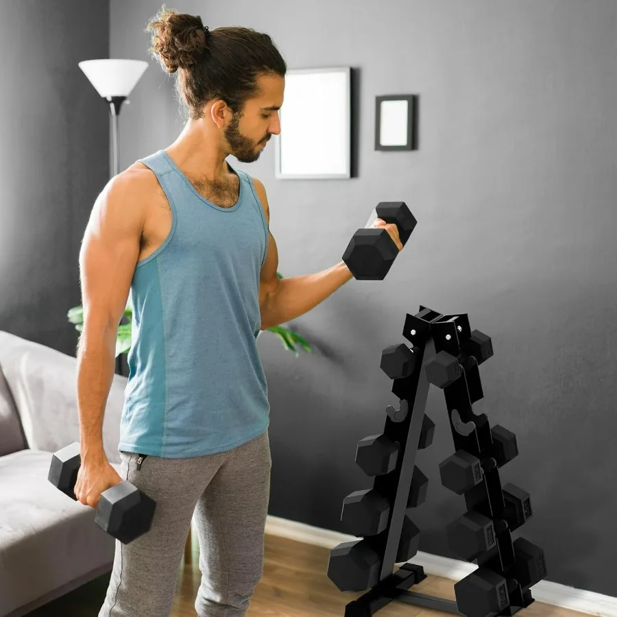 2 X 15 LBS Rubber Encased Hex Dumbbell Sets with Optional Rack for Home Gym, Coated Hand Weights for Strength Training, Workouts