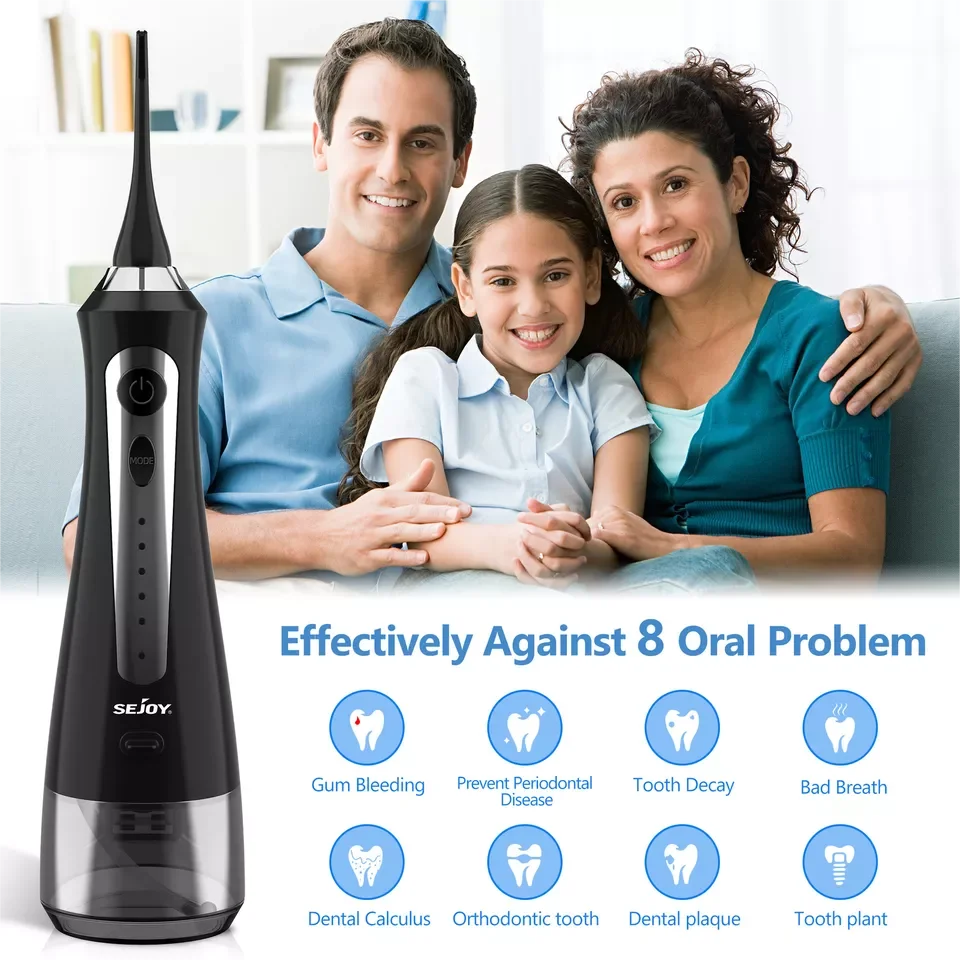 SEJOY Water Flosser Irrigator Dental Teeth Whitening strips Portable 230ML Tank 5 Modes 5 Jet Tips 6