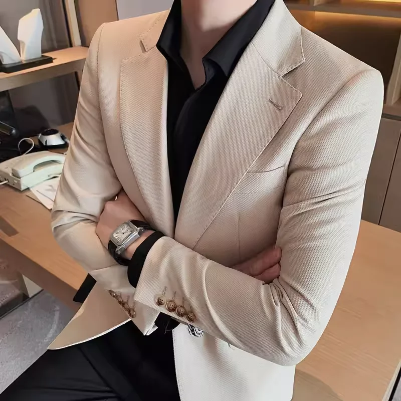 2024 High-quality stylish and handsome two-grain single-breasted suit jacket solid color business casual suit for men 4