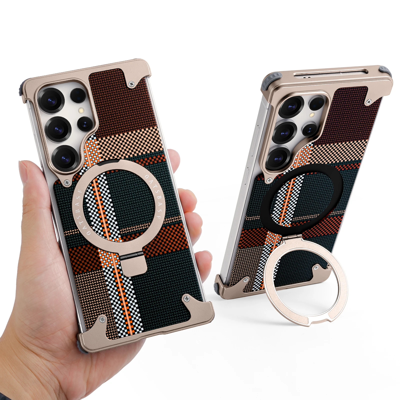 Eary Carbon Fiber Textured Phone Case with Stand - Metal Frameless Shockproof Protector