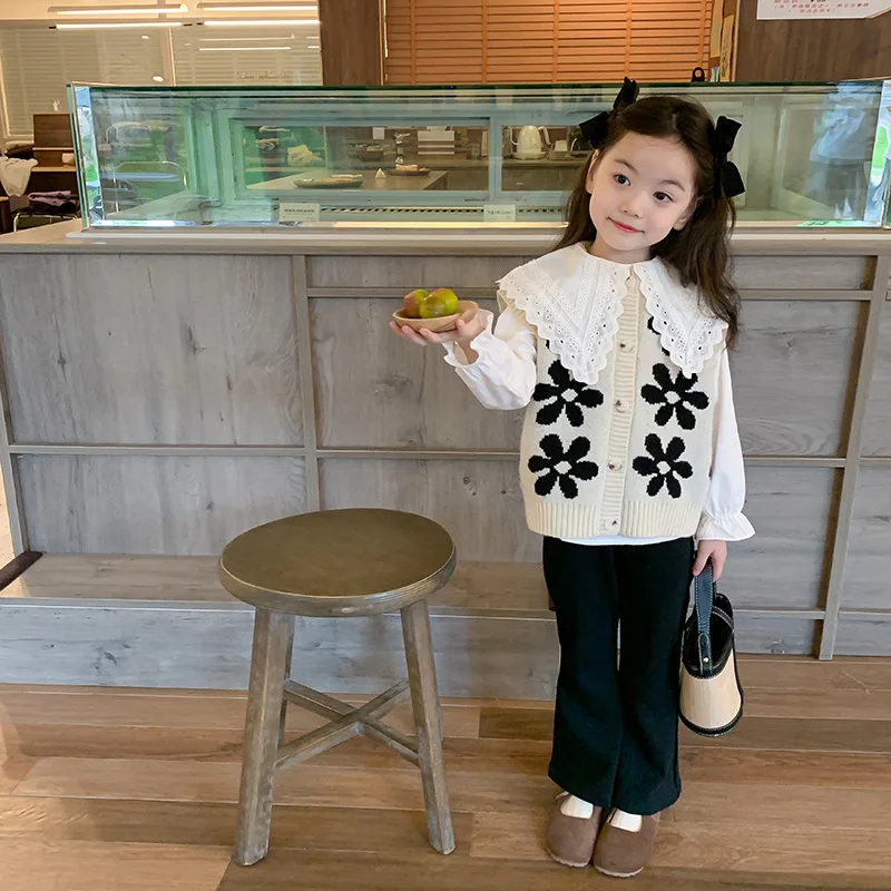 

Children Clothing Set Casual Cardigan Flower Vest 2023 Autumn Girls Retro Flower Warm Knit Vest Casual Simple Sweet Girls Set