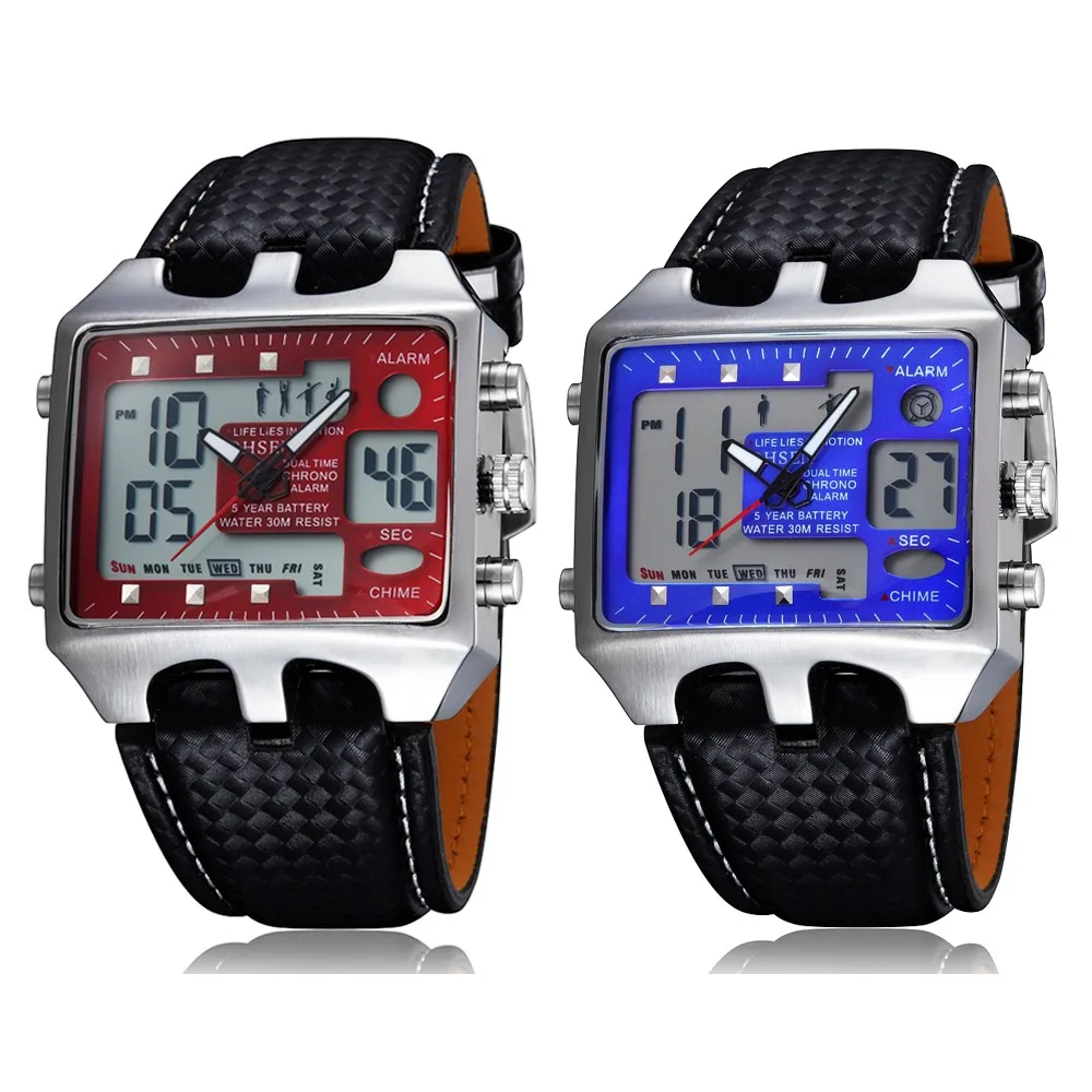 OHSEN Leather Strap Watches for Men Sport Quartz Waterproof Red Blue Military Digital Men's Watches Clock Relogio Masculino New