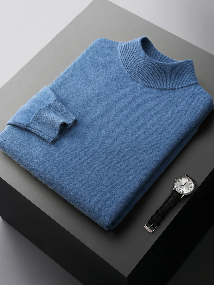 High Quality Autumn Winter 100%Pure Cashmere Sweater Men Semi-high Neck Solid Pullovers Youth Casual  Tops Warm Knit Shirt Tide