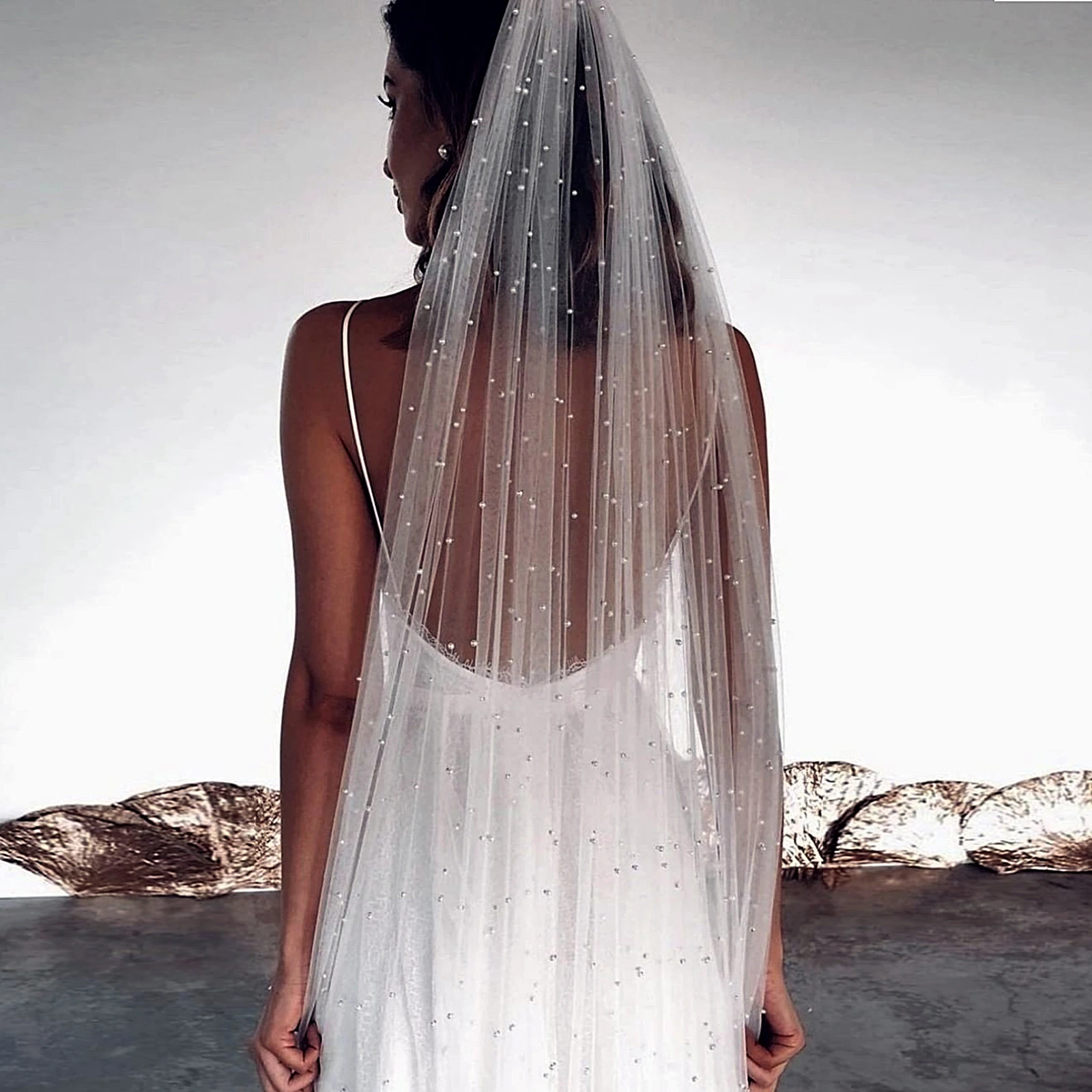 Bridal Veil Pearls Beaded Soft Tulle With Comb For Bride