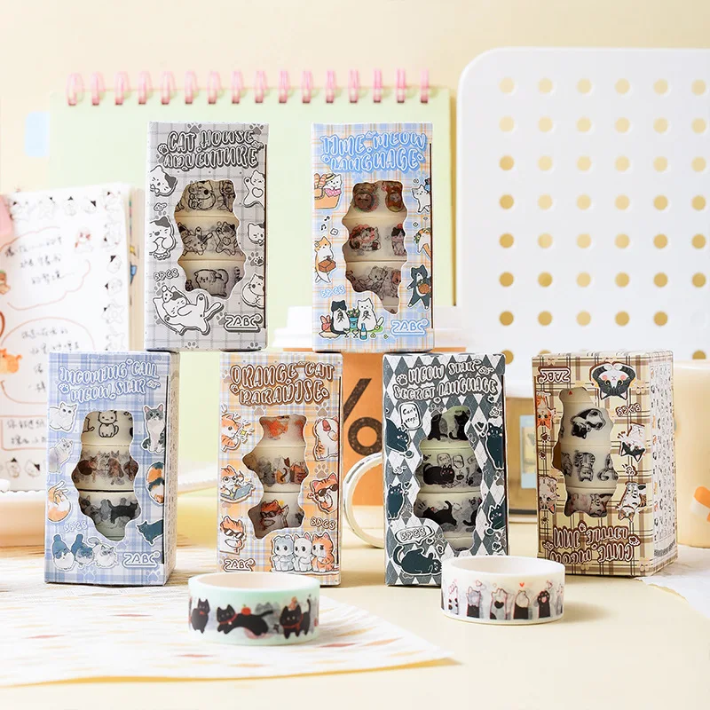 5롤/가방 귀여운 고양이 패턴 와시 테이프 세트, 크리 에이 티브 고양이 패턴 DIY 매뉴얼 및 스크랩북 장식 테이프