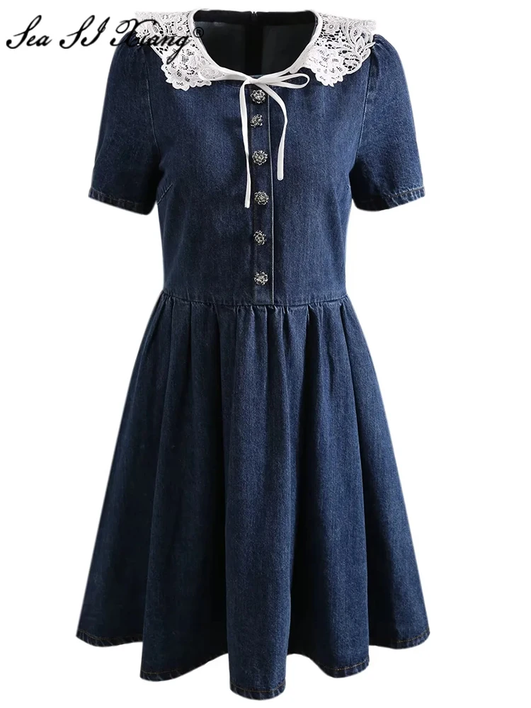 

Seasixiang Fashion Designer Early Autumn Cotton Denim Dress Women O-Neck Short Sleeve Crystal Button Vintage Mini Dresses