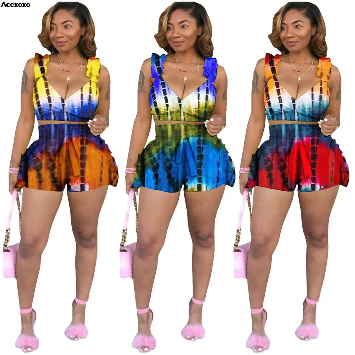 

Summer new fashion sexy backless V-neck print two-piece set