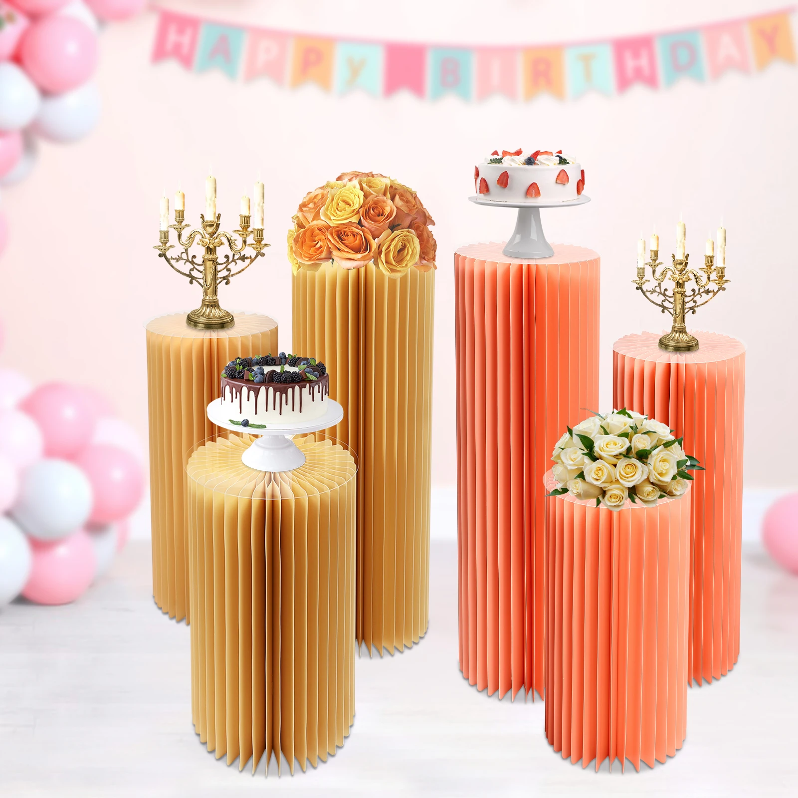 

3Pcs Foldable Paper Columns Flowers Display Pedestals Stands for Wedding Engagement Birthday Party Celebration Garden Decoration