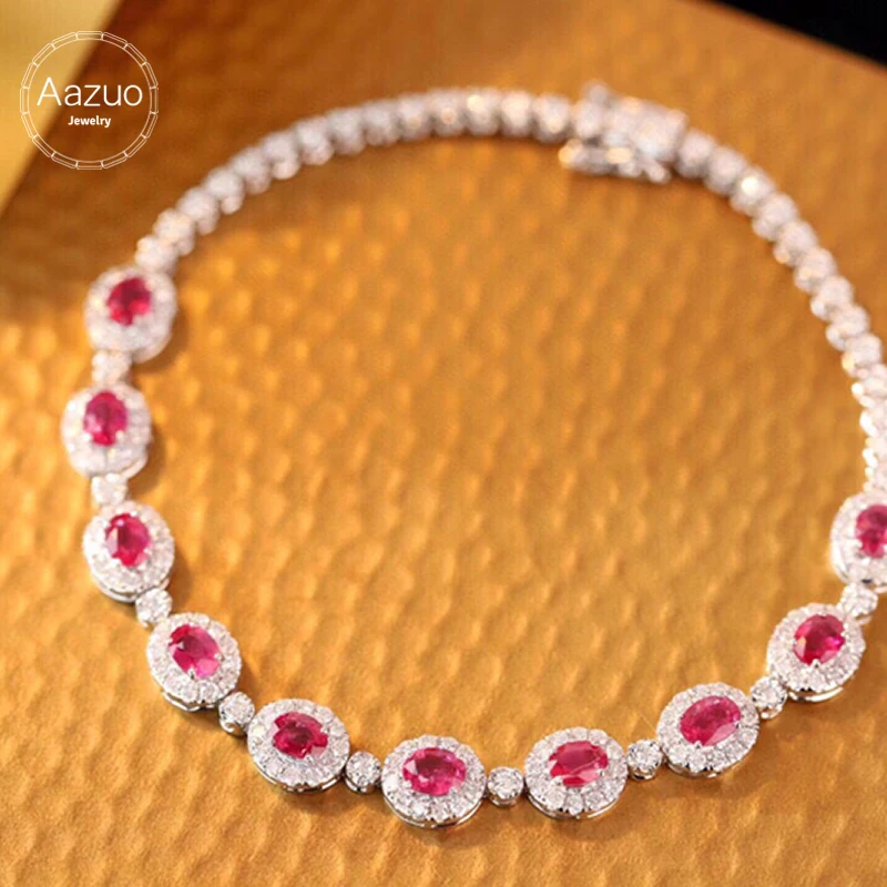 Aazuo Fine Jewelry 18K Solid White Gold Real Diamonds Natural Ruby Classic Tennis Bracelet Gifted For Women High Cass Banquet