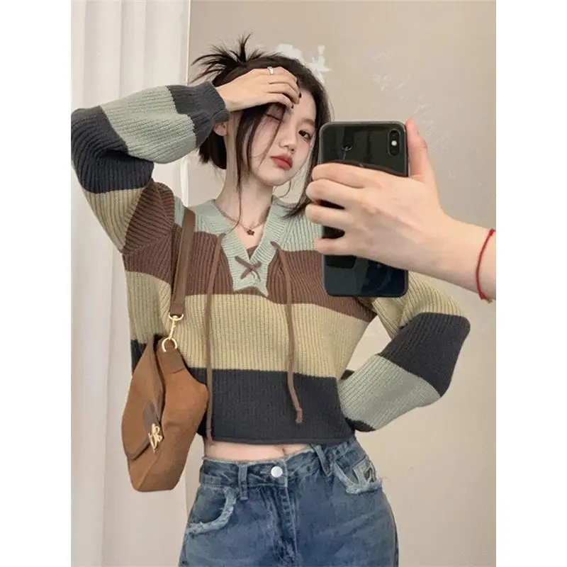 

Fashion Striped Sweaters for Women V-neck Long Sleeve Jumper Pull Femme Y2k Tops Knitted Casual Cropped Pullovers Ropa Mujer