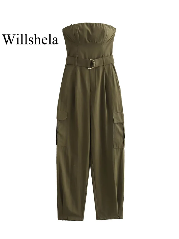 Wiilshela Women Fashion With Belt ArmyGreen Side Zipper Backless Jumpsuits Vintage Strapless Slash Neck Female Chic Lady Rompers