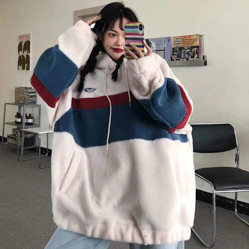 

Korea Women's Fashion Fleece Hoodies Patchwork Stripe Hooded Sweatshirts Male Loose Coats Student Casual Tops Pullover Y2k kpop