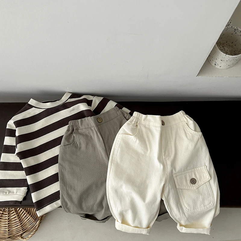 Spring And Autumn Newborn Baby Girls And Boys Trousers Cotton Solid Travel Simple Elastic Waist Korean Fashion Soft Casual 3