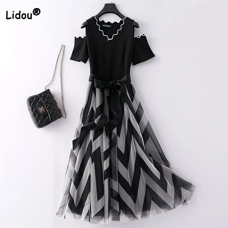 

Fashion Off Shoulder Striped Mesh Dresses Women's Clothing Summer New Elegant All-match Short Sleeve V-Neck Dress for Female