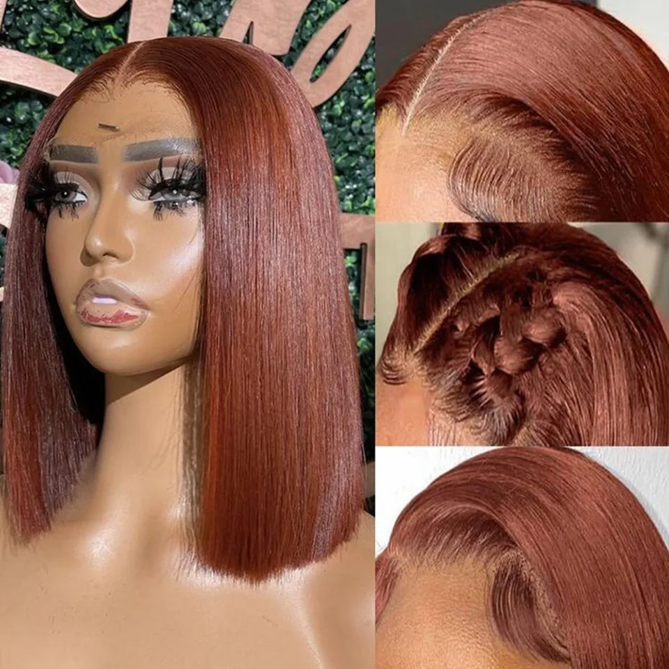 Short Brown Color Bob Wig Peruvian Straight Lace Front Human Hair Wigs For Women Reddish Brown #33 Lace Part Wig With Baby Hair