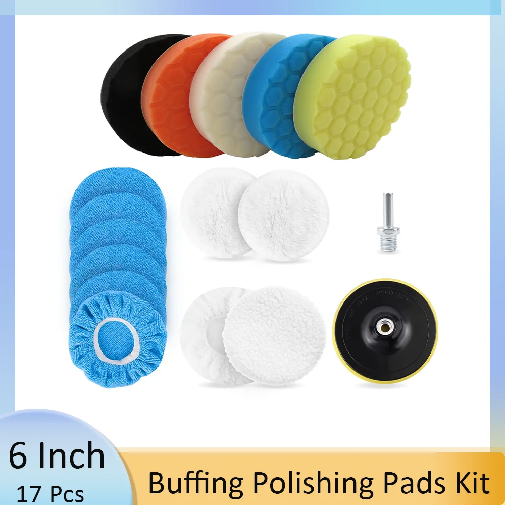 6 Inch Buffing Polishing Pads Kit 17 Pcs Includes Wool Pad and Polishing with M14 Drill