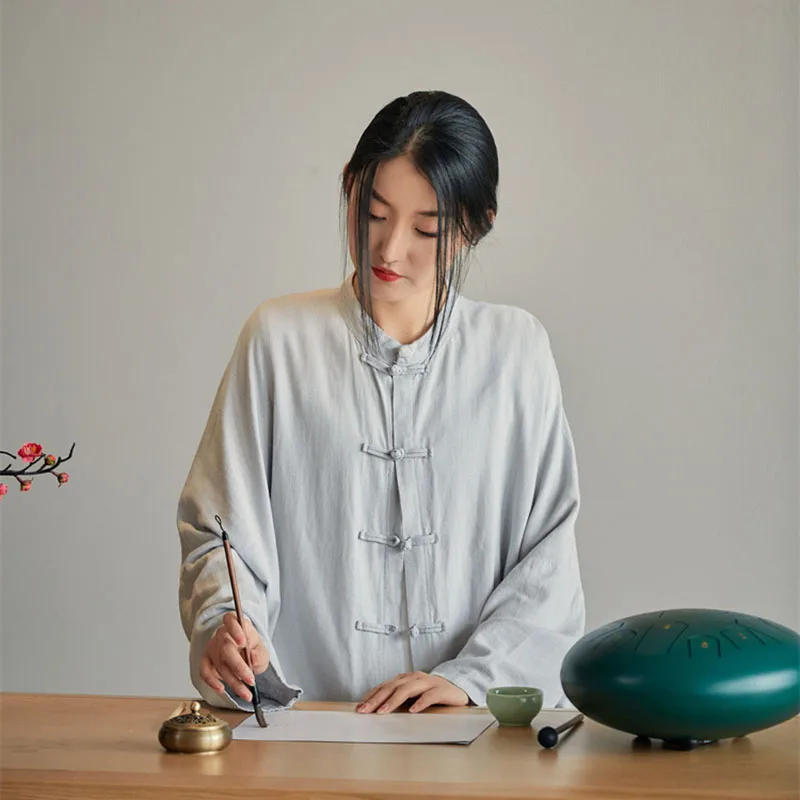 

Summer 2023 Cotton Linen Solid Color Tops Soft Loose Zen Tea Service Cardigan Shirt Kung Fu Chinese Style Tops Hanfu for Women