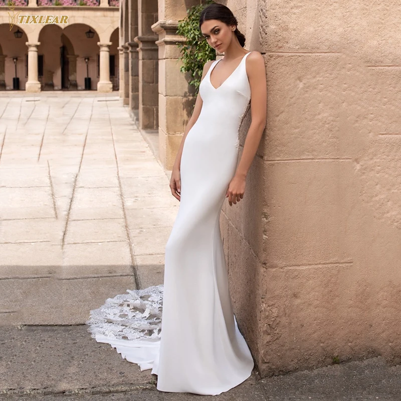 

Женское свадебное платье до пола TIXLEAR, классическое атласное платье без рукавов с глубоким V-образным вырезом
