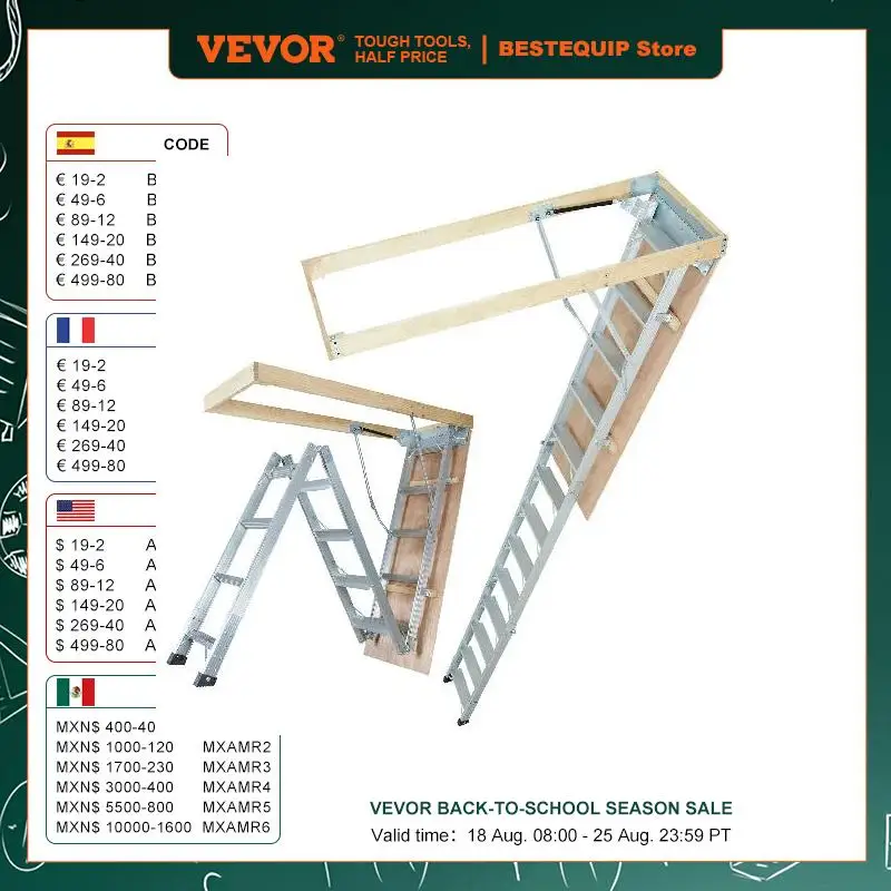 VEVOR Attic Ladder Foldable 350pound Capacity 22.5" x 63" Multi-Purpose Aluminium Extension Light Fits 9.5'-12' Ceiling Heights