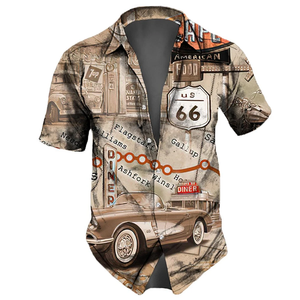 Men Shirts Route 66 Print Short Sleeve Tops Summer Clothing American Landmarks Pattern Oversized Tees Streetwear for denim shirt flannel shirt cotton shirt long sleeve shirt silk shirt men pirate shirt men glitter shirt