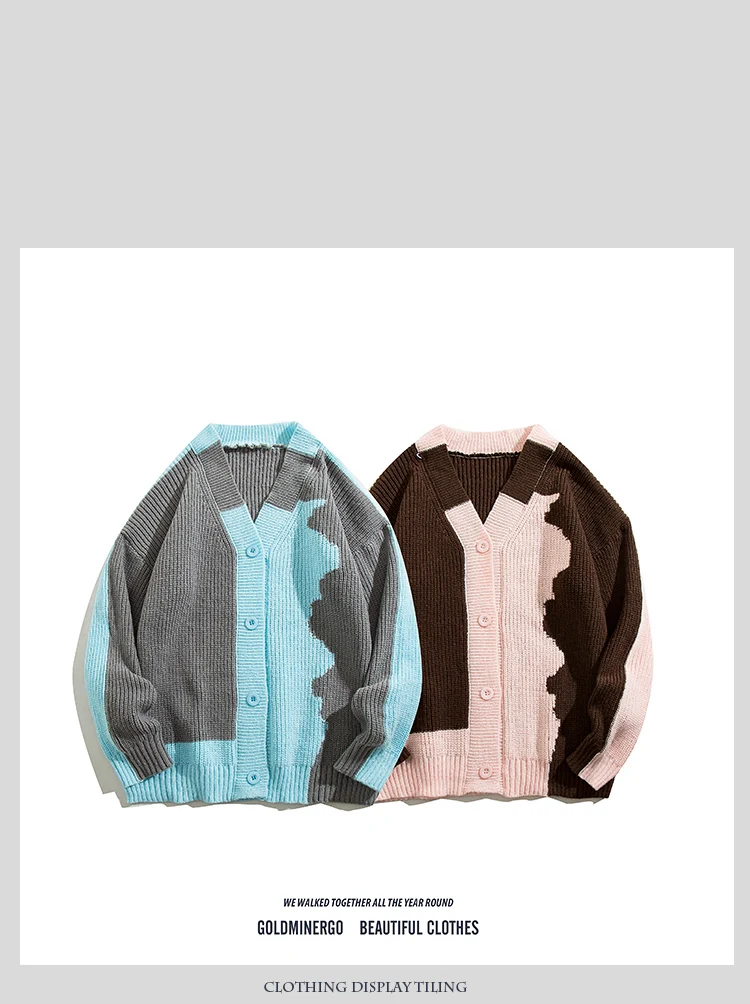 Description Picture 2 of itemMen's Color Blocking Cardigan Sweater Women Loose Casual V-neck Long Sleeves Single Breasted Knitted Jacket Tops Sweaters