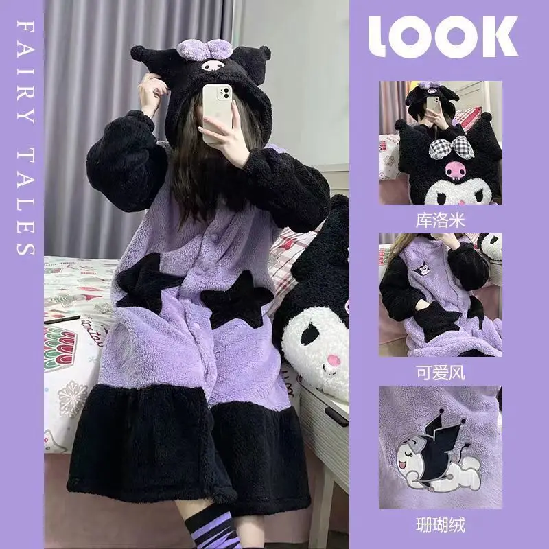 

Симпатичная плюшевая Пижама Kuromi Melody Cinnamoroll осень-зима, толстый Халат средней длины можно носить внешне в подарок