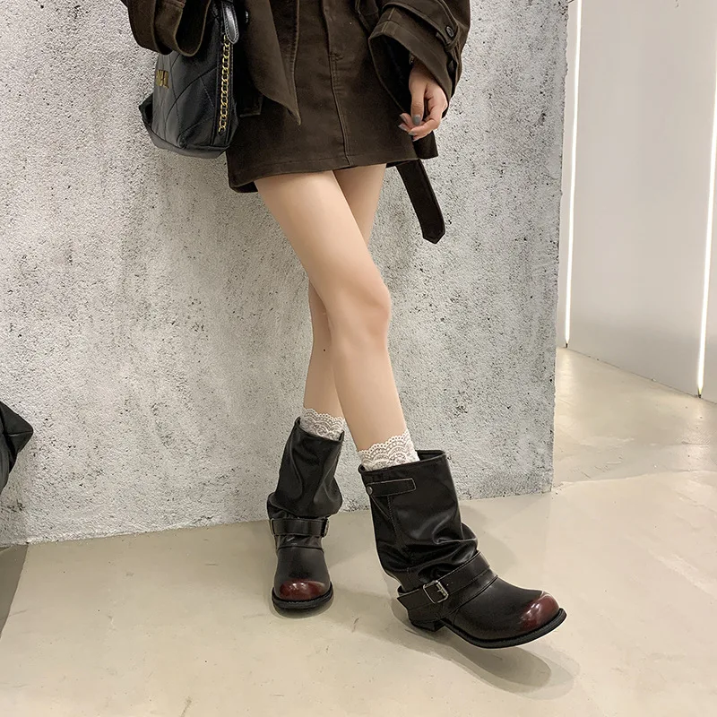 2026Autumn Winter Thick Heel Women Western Cowboy Boots Fashion Belt Buckle Slip On Shoes Ladies Vintage Pleated Short Booties