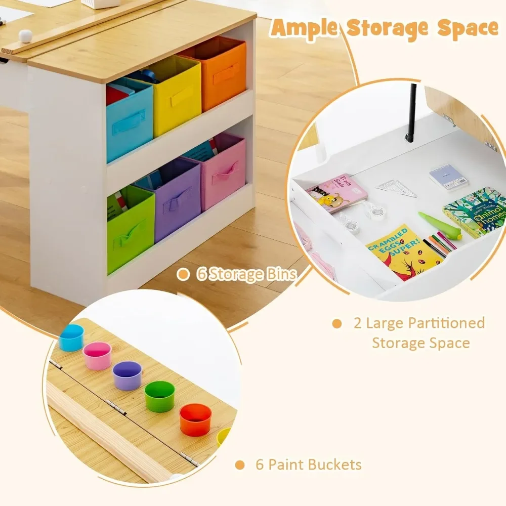 3 in 1 Kids Art Table and Chair Set, Toddler Craft Play Wood Activity Desk with 2 Chairs Storage Canvas Bins ,Children Furniture 5