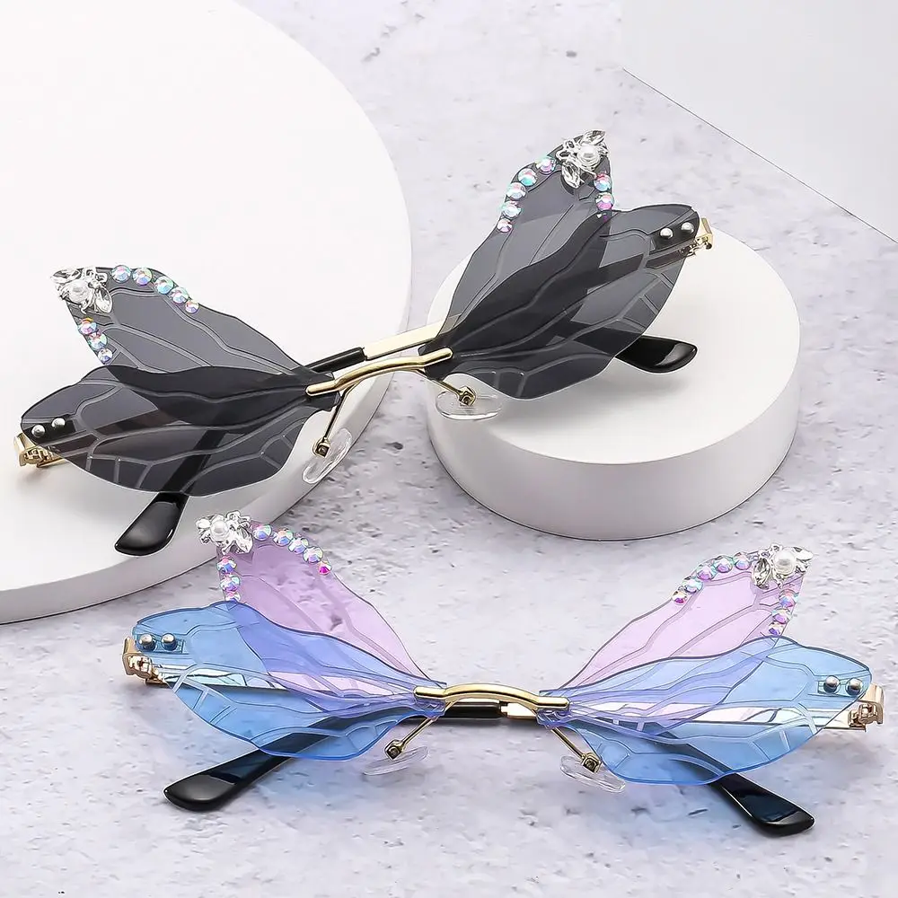 

Halloween Costume Rimless Eyewear Irregular Diamond Sun Glasses Shades Dragonfly Wing Sunglasses Bling