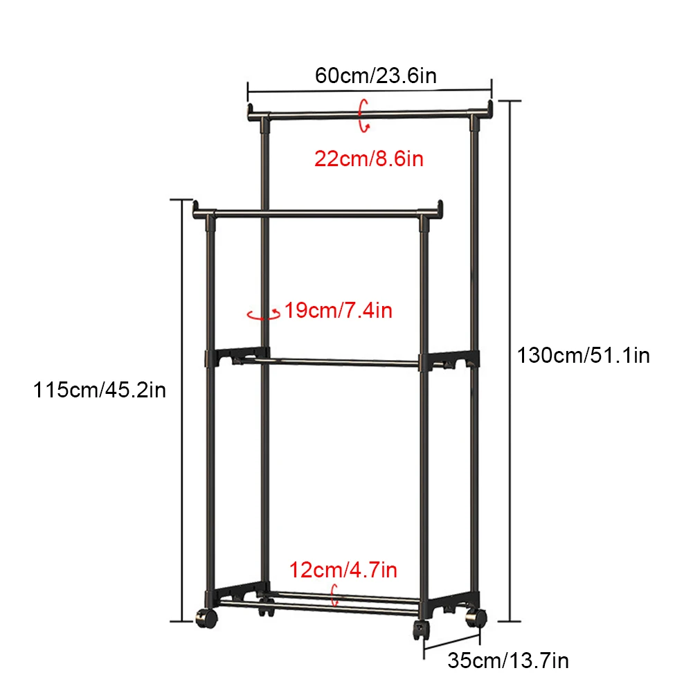 Double Rods Garment Rack Clothes Rack with Wheels Multifunctional Clothes Hanging Rack for Laundry Room Clothing Store
