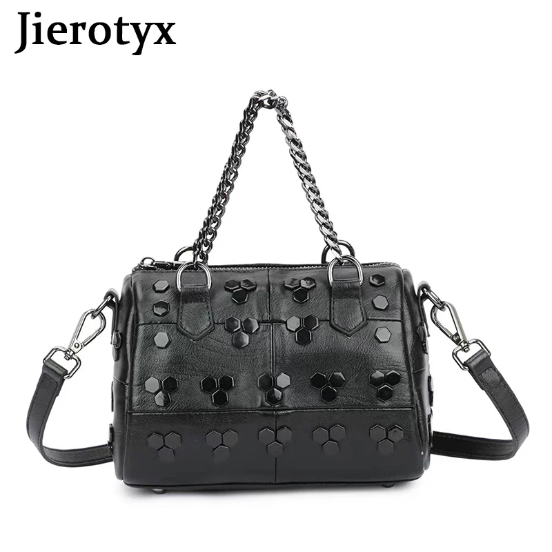 JIEROTYX Handbags for Women Gothic Rivet Female Tote Shoulder Bag Studded Leather Satchel Bags with Chain Black Leather