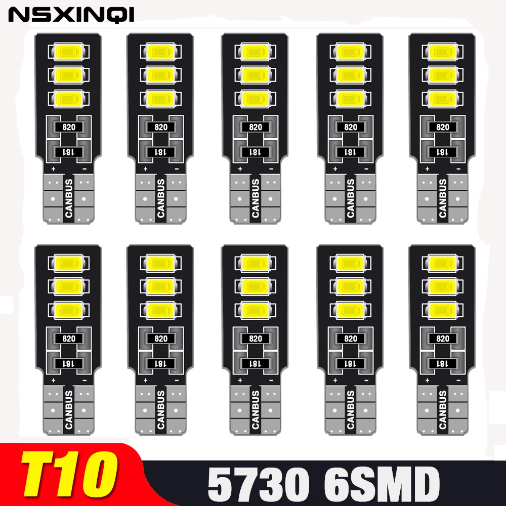 

NSXINQI 10pcs T10 5630 5730 6SMD Car LED Light W5W Dome Trunk Indicator Bulbs License Plate Lighting 194 168 Canbus White