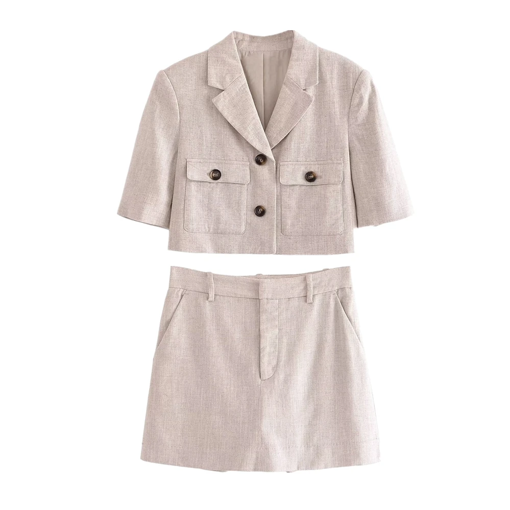 

Dave&Di Fashion Blogger Retro Single Short Suit Top High Breasted Waist Skirt Culottes Suit Women Two Pieces Sets