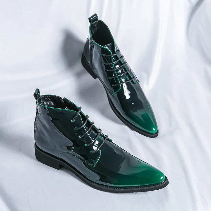 Luxury Chelsea Boots Men's Shiny Leather Shoes Pointed High Top Shoes Men's Banquet Dress Shoes High-end Purple Red Short Boots