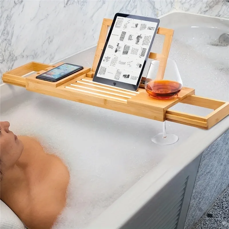 Multifunctional Bamboo Bath Tub Tray Adjustable Shower Shelf Bathroom Organizer with Non-Slip Design for Spa Bathtub Storage
