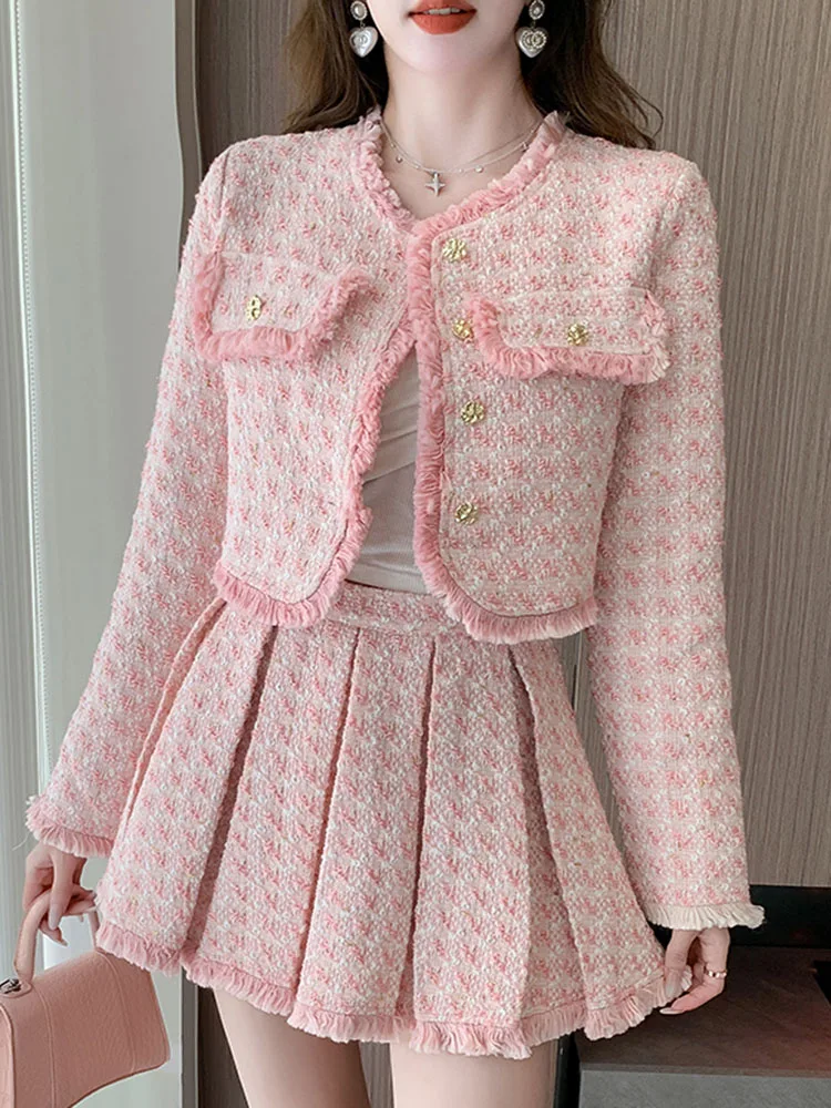 

Small Fragrance Temperament Fashion Two Piece Set Womens Tassel Tweed Long Sleeve Jacket Coat & A-Line Mini Skirts Sweet Female