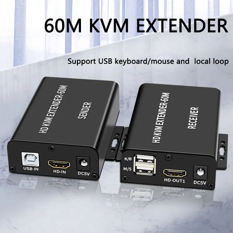 Transmissor e receptor do kvm de 60m, extensor hdmicompatible, cat5e, cat6, ethernet, 1080p, áudio, conversor video, usb, teclado, rato, PC