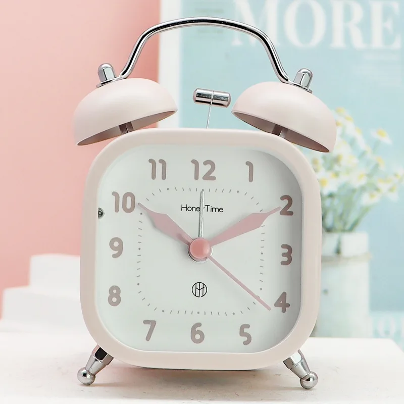 

Home 3-inch Square Metal Bell Ringing Alarm Clock, Home Bedside Silent Scanning Second Night Light Clock