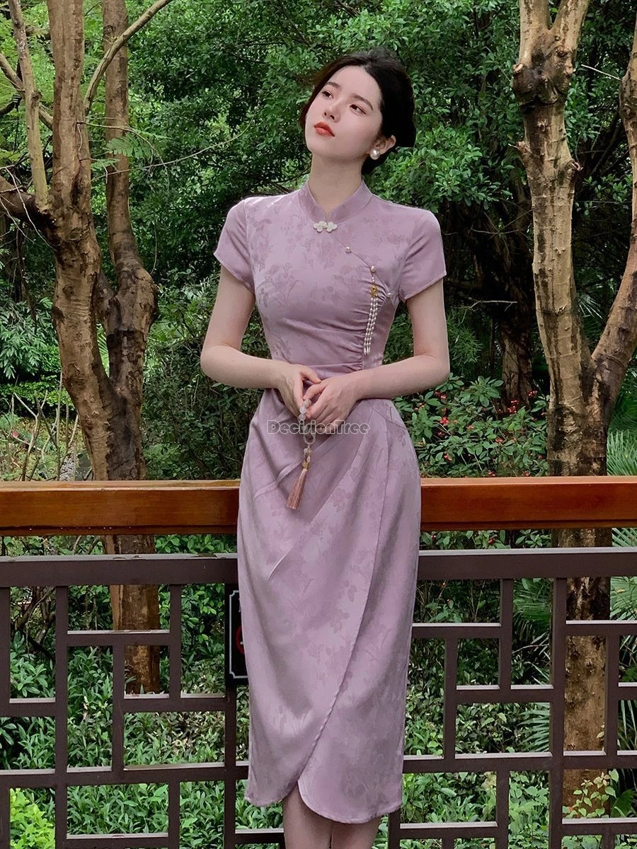 

2024 summer new chinese daily improved qipao short sleeve purple jacquard waist wrapped chinese style dress cheongsam dress