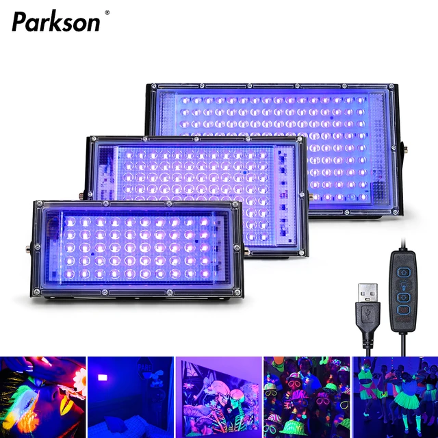 LED UV USB Floodlight 50W 100W 150W USB LED Blacklight กันน้ํา 220V อัลตราไวโอเลตโคมไฟเวทีดิสโก้ปาร์ตี้เวที Backlight 1