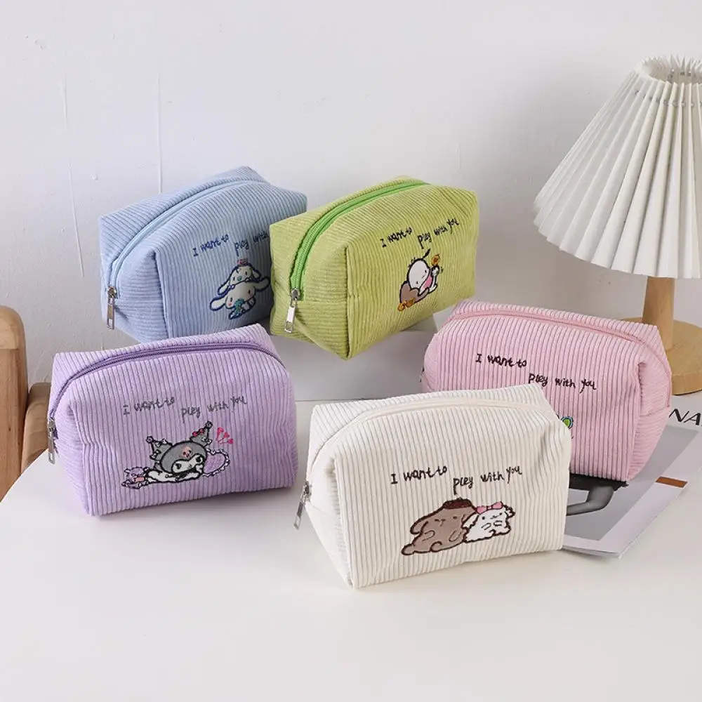 

Sanrio Cosmetic Bag Kawaii Cartoon Kuromi Cinnamoroll Corduroy Large Capacity Pencil Case Melody Pochacco Student Children Gifts