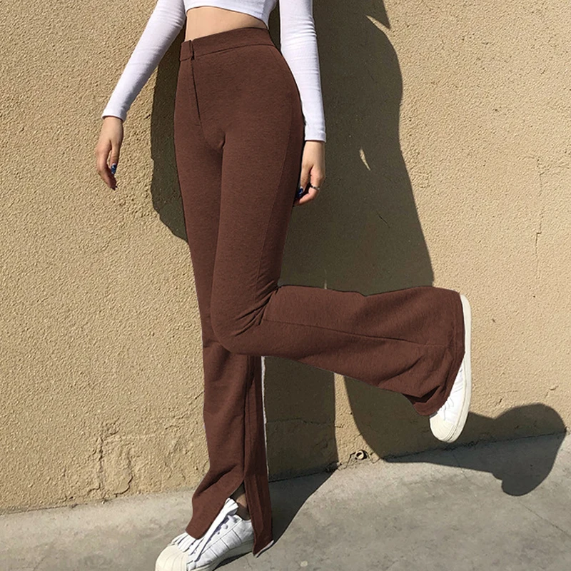 

Casual Skinny Elastic High Waist Flared Pants Women Stretchy Sport Sweatpants Women Trousers Slit Fashion Leggings Joggers 24356