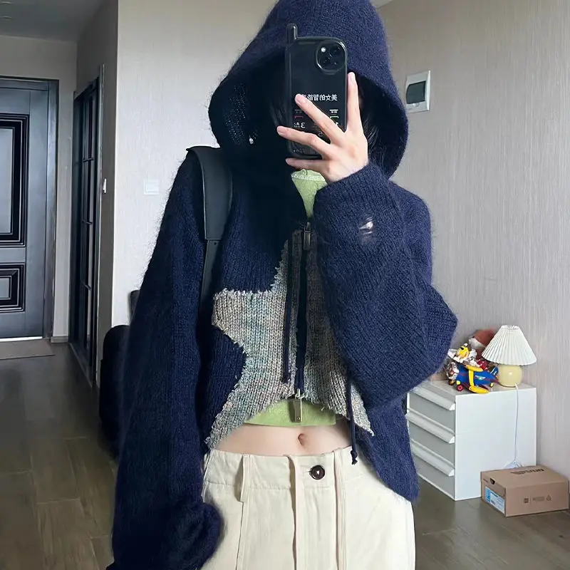

Dourbesty Y2k Star Pattern Sweater Grunge Long Sleeve Zip-up Crop Tops Aesthetic Women Hooded Cardigan Knitted Clothes Jumpers