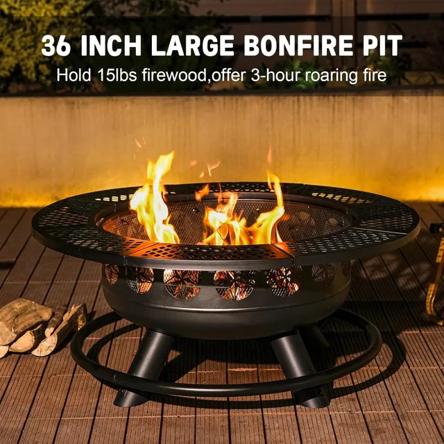 36 Inch Outdoor Wood Fire Pit with 2 Cooking Grills & Lid - 3-in-1 BBQ Bonfire Table for Backyard Patio Deck 4