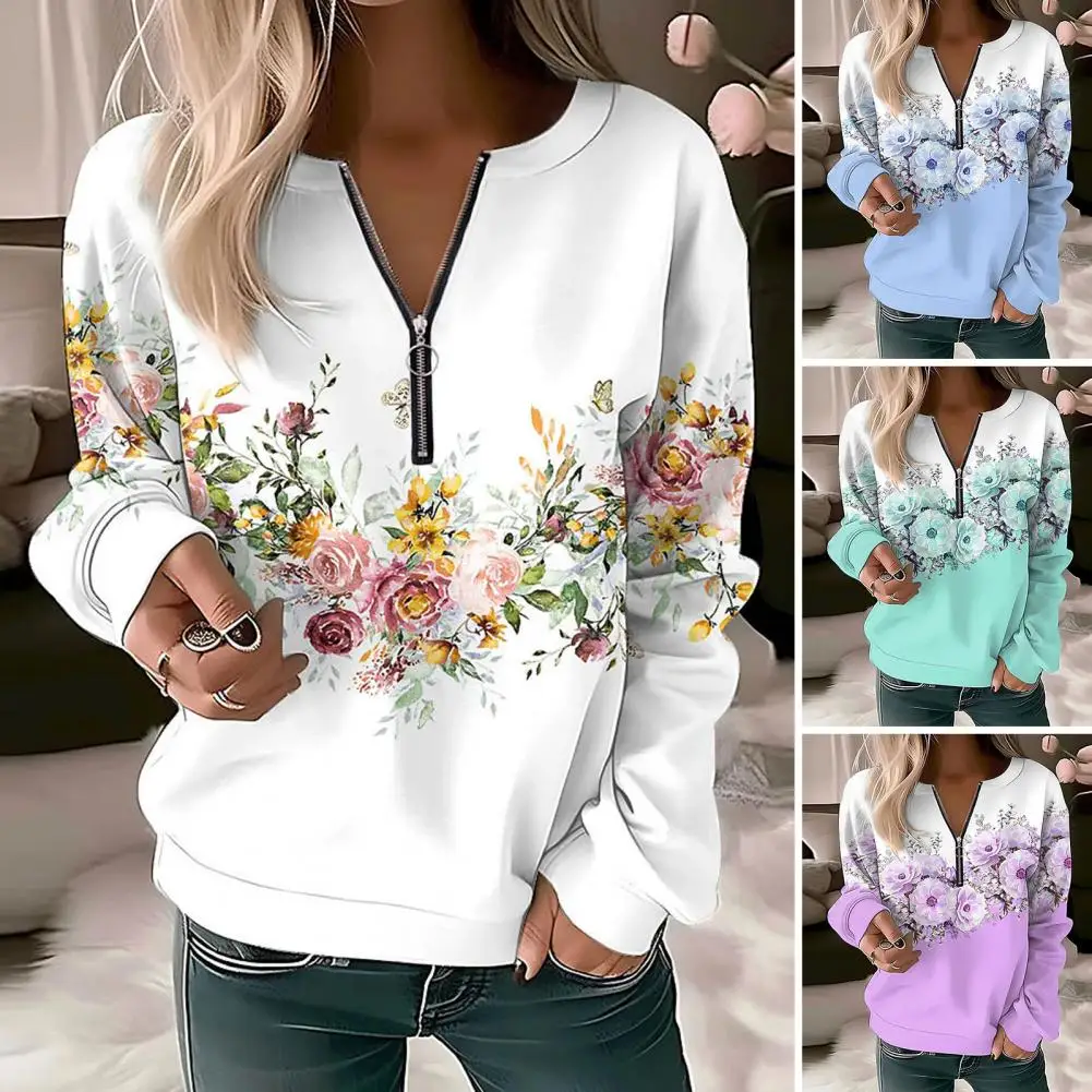 

Floral Print Sweatshirt Stylish Floral Print V Neck Sweatshirt for Women Soft Pullover with Zipper Detail Elastic Cuff