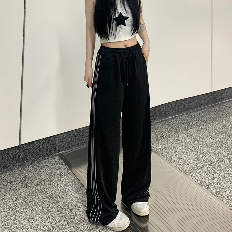 2024 frauen Mode Designer Hosen Dame Baggy Breite Bein Gerade Bein Hosen Weiblichen Koreanischen Stil Hohe Taille Schwarz Streifen Hosen – Detail 5