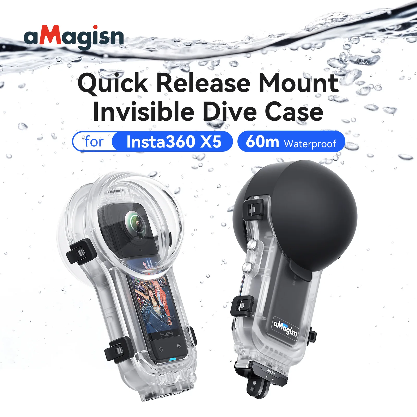 AMagisn Insta360 X5용 방수 케이스 - X5 액세서리용 60m 깊이의 투명 다이빙 하우징