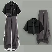 Girl 2026 Summer New Casual Tracksuit Matching Set Korean College Short-sleeve Shirt+Sport Wide Leg Cargo Pants Two-piece Suit