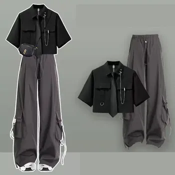 Girl 2026 Summer New Casual Tracksuit Matching Set Korean College Short-sleeve Shirt+Sport Wide Leg Cargo Pants Two-piece Suit 1